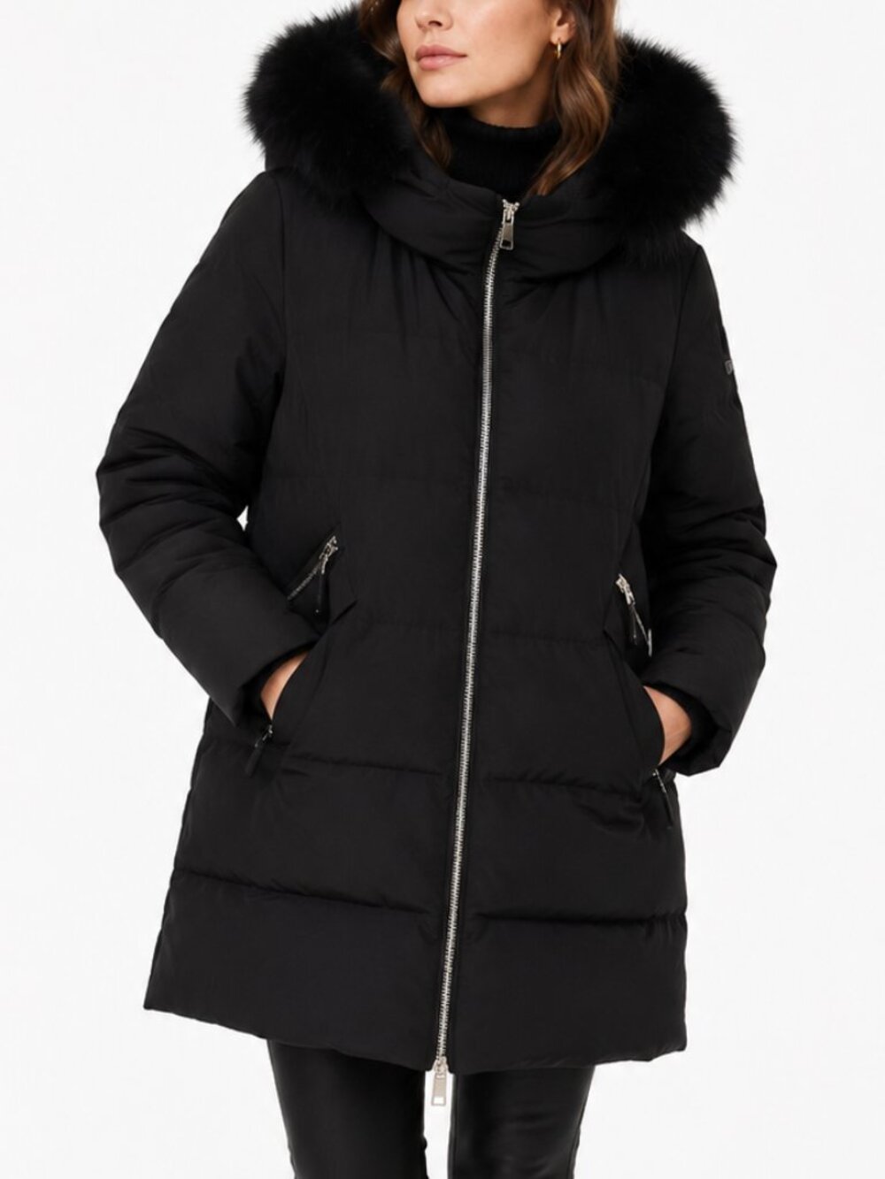 Derek Lam 10 Crosby Down Puffer Coat Fox Fur Hood Black Parka
